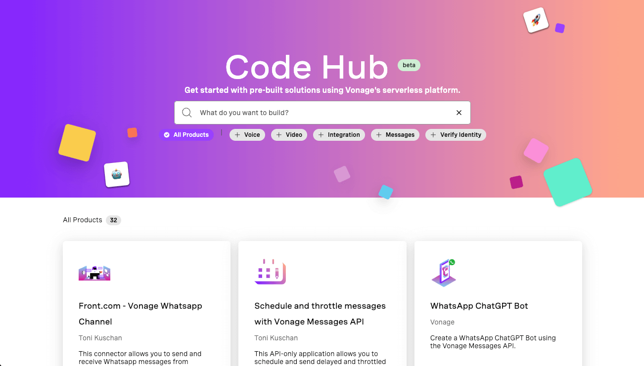 Vonage Code Hub landing page
