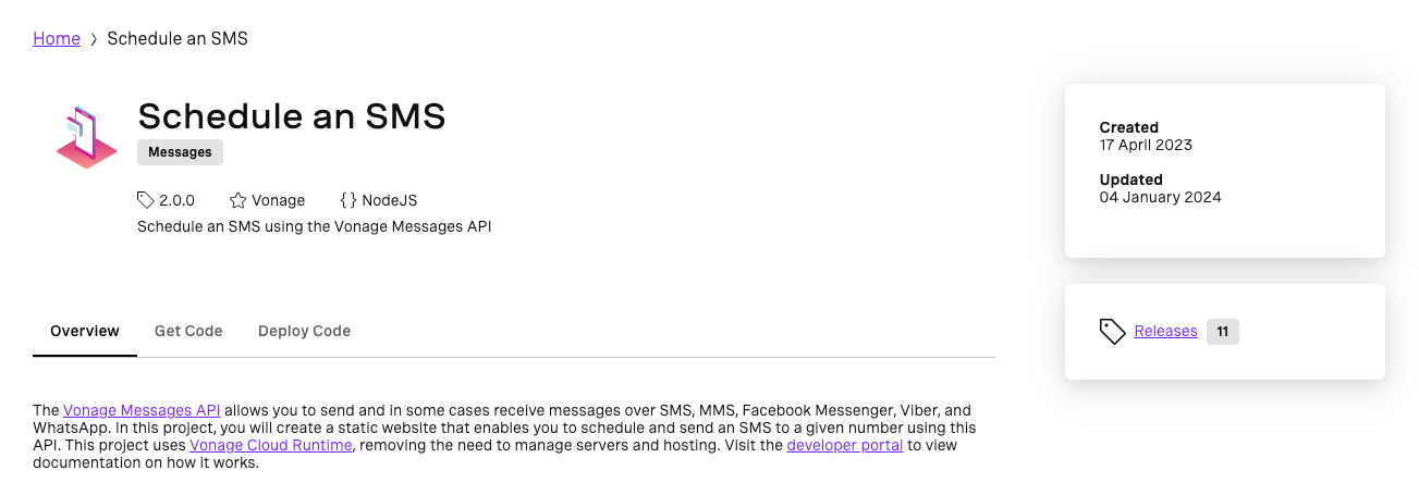 "Schedule an SMS" product page