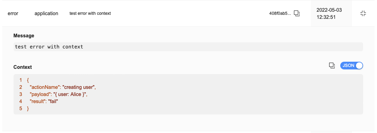 Cloud Runtime dashboard rendering the above log object