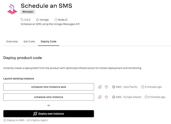 A list of instances created for the "Schedule an SMS" project.