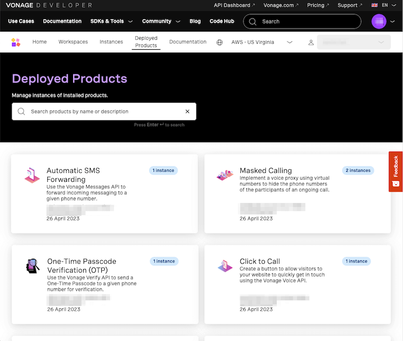 The deployed products page