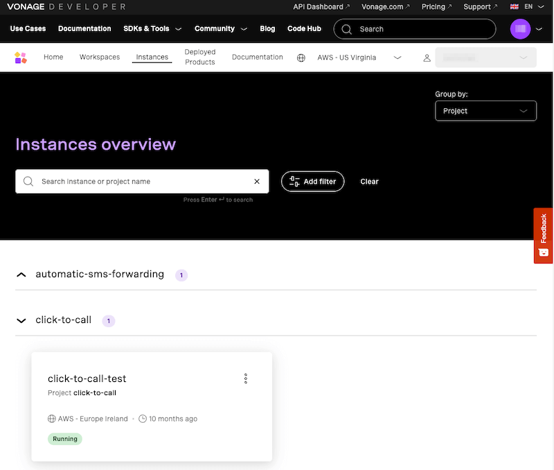 The instances overview page