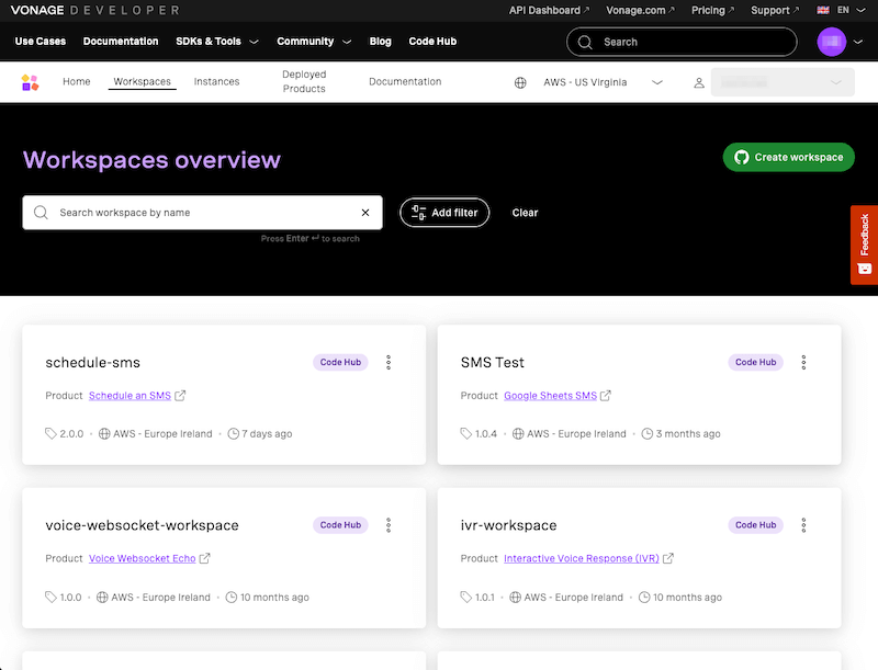 The workspaces overview page
