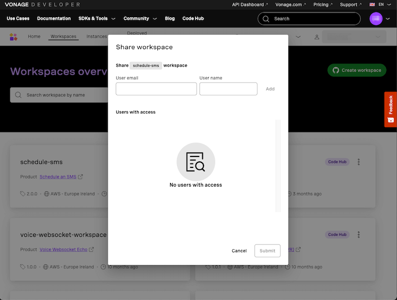 Share a workspace using this form