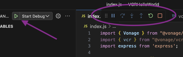 Start debugging button in VSCode