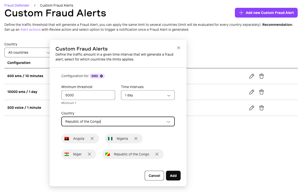 Add new Custom Fraud Alert modal
