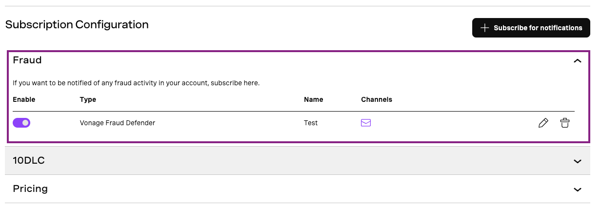 Subscription Configuration screen