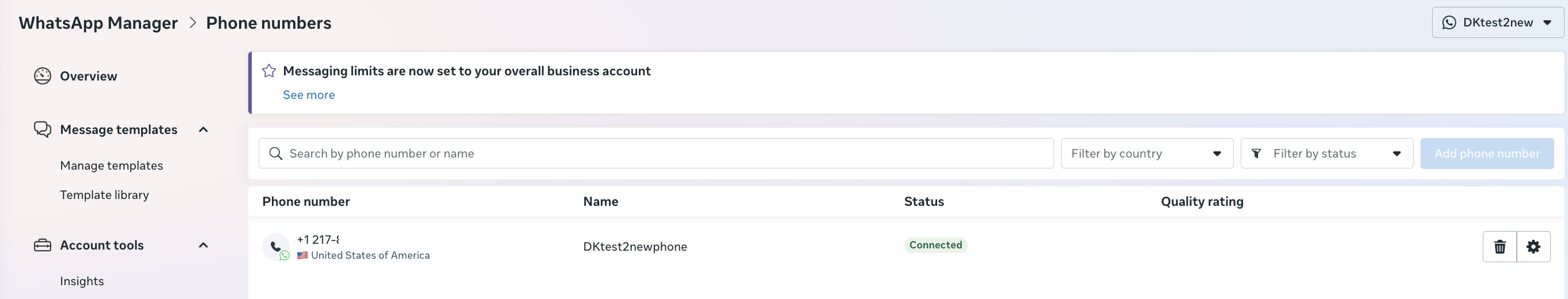 Screenshot of WhatsApp Manager showing number status