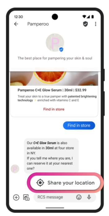 An example of an RCS conversation with a prompt to share a location.