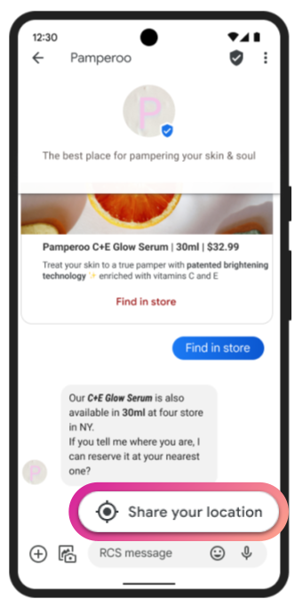 An example of an RCS conversation with a prompt to view a location.