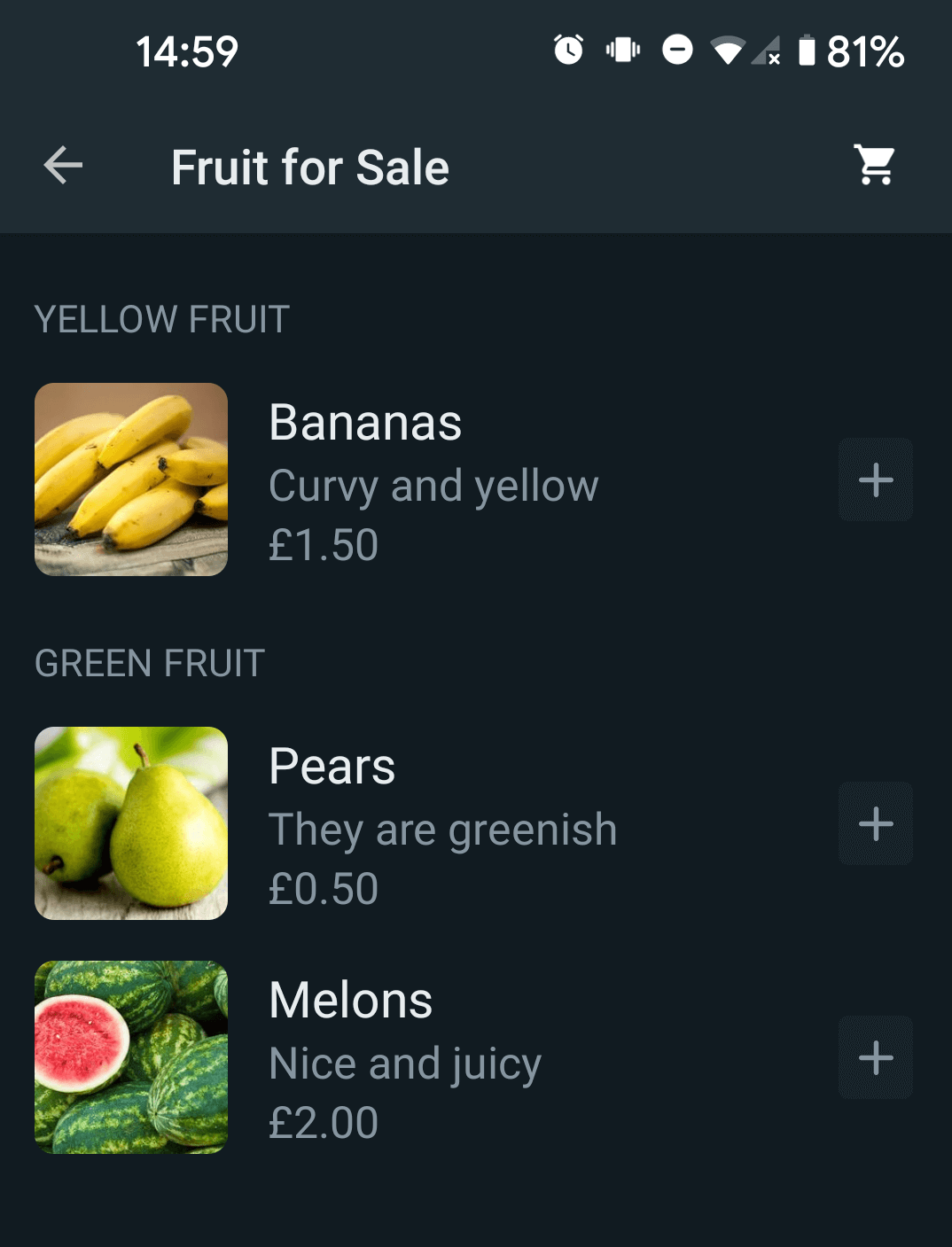 Screenshot of multi-product message product list