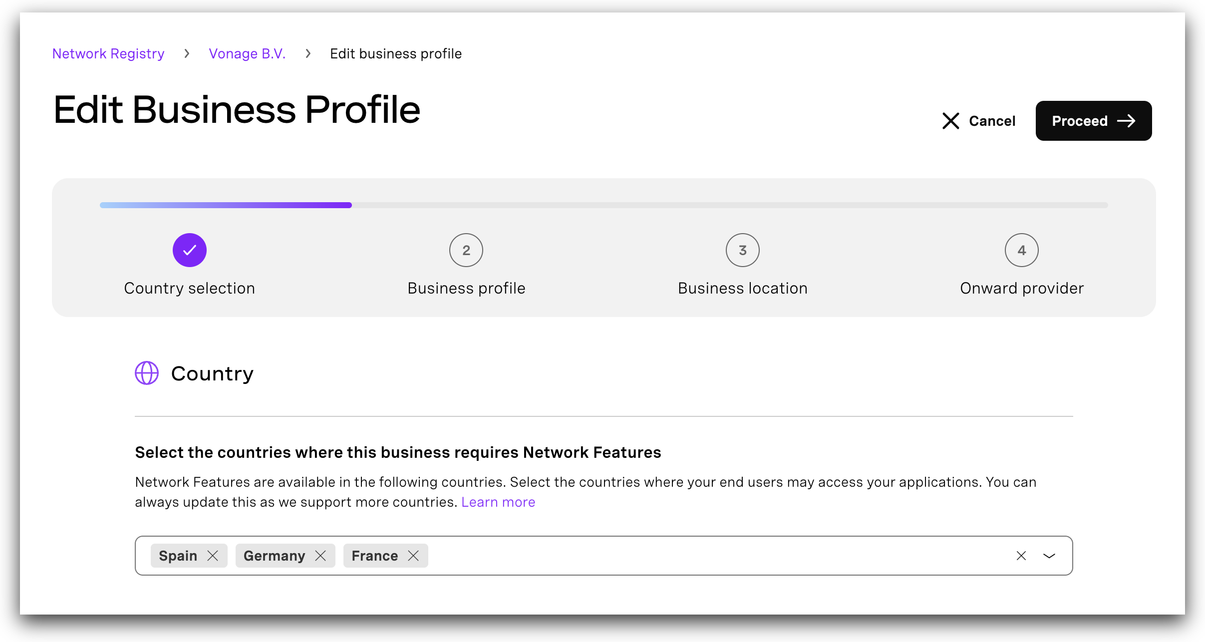The first screen of the edit a business profile wizard