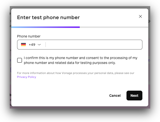Enter test phone number dialog