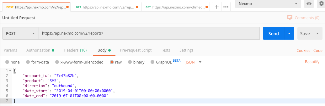 Create SMS report request