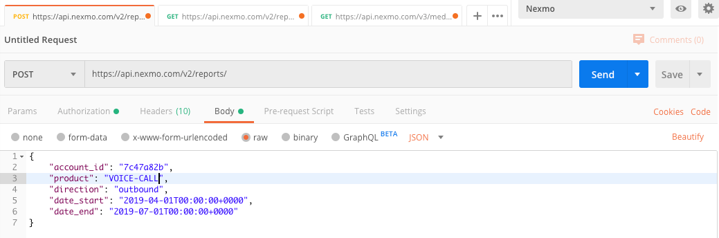 Create SMS report request