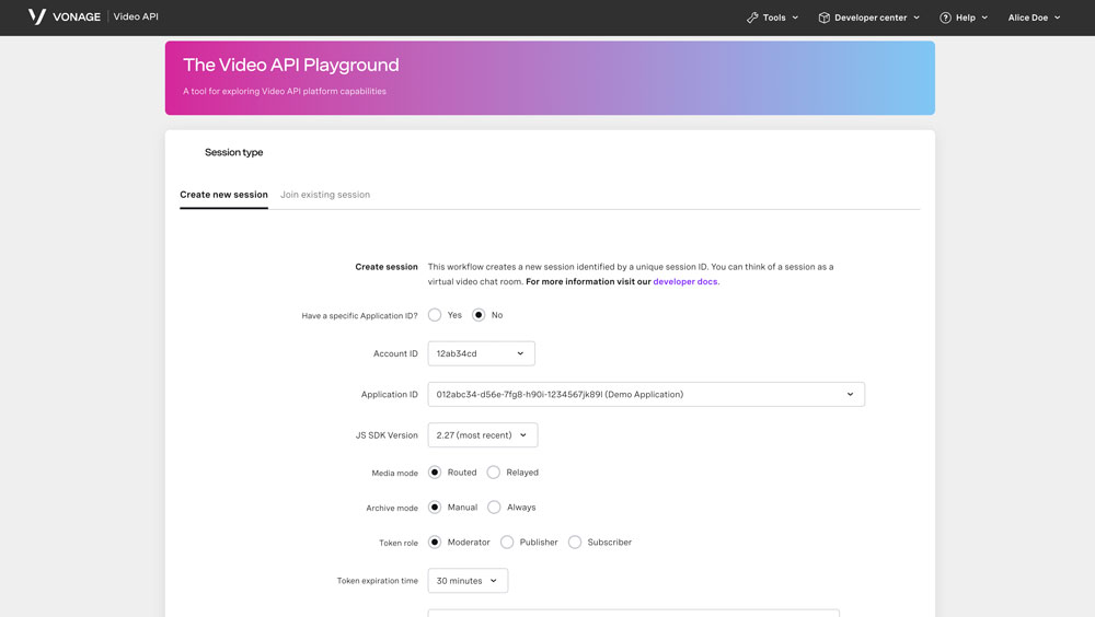Screenshot of The Video API Playground tool