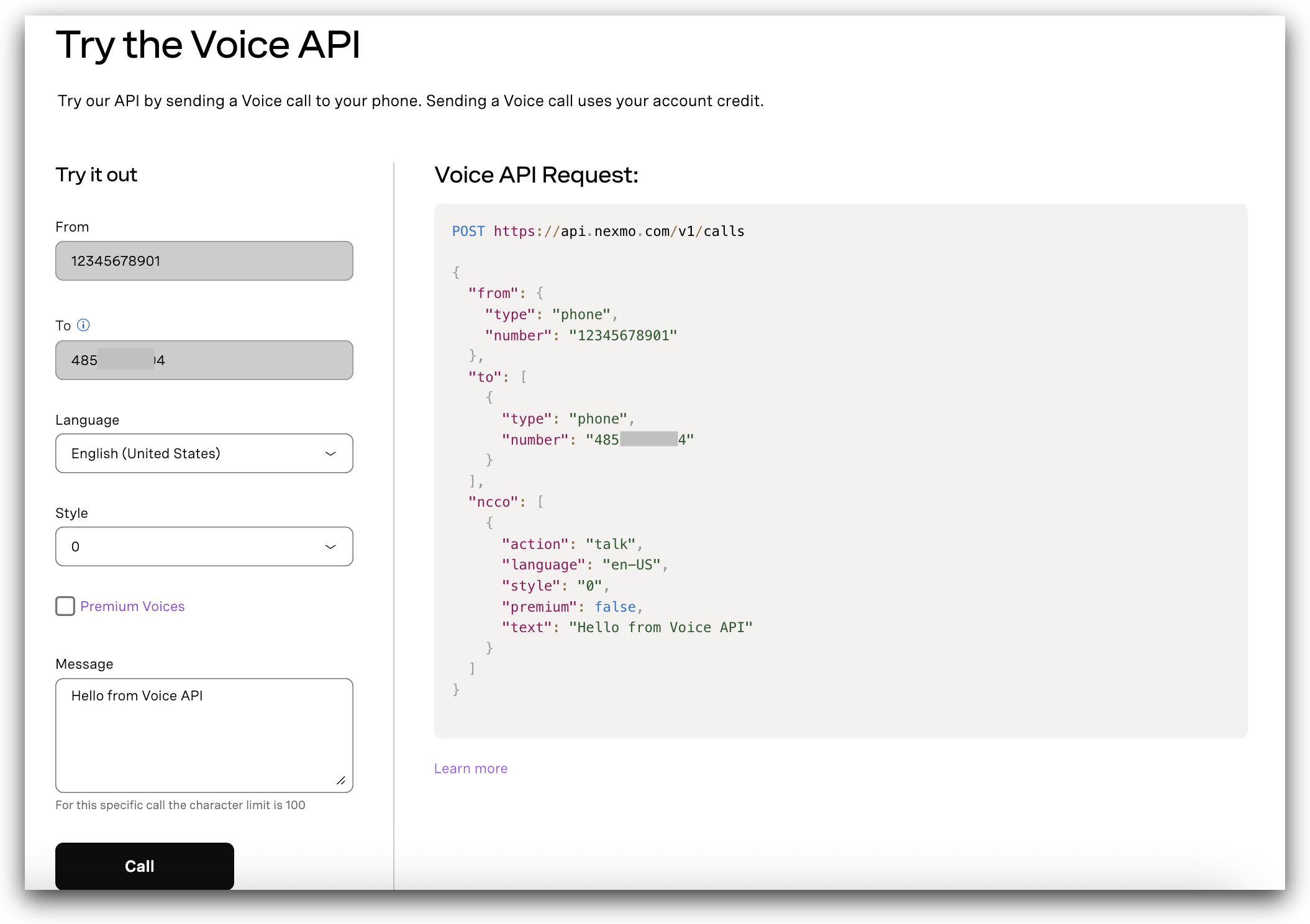 Try Voice API Developer Dashboard view
