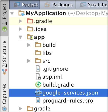 Android studio with project view selected and the google-service.json added in the app module directory